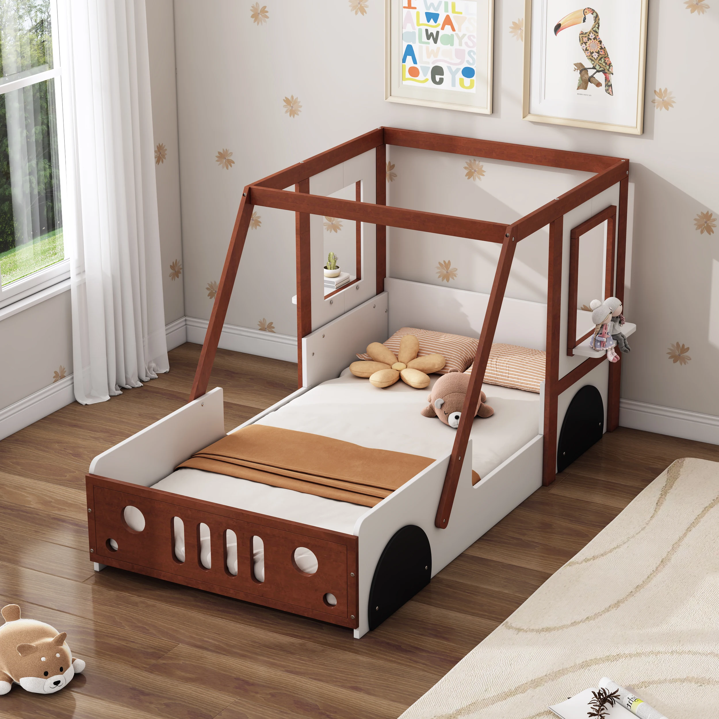 

Fun Play Design Twin Size Car Bed, Kids Platform Bed, White/Orange 55.90x18.30x7.30 in.