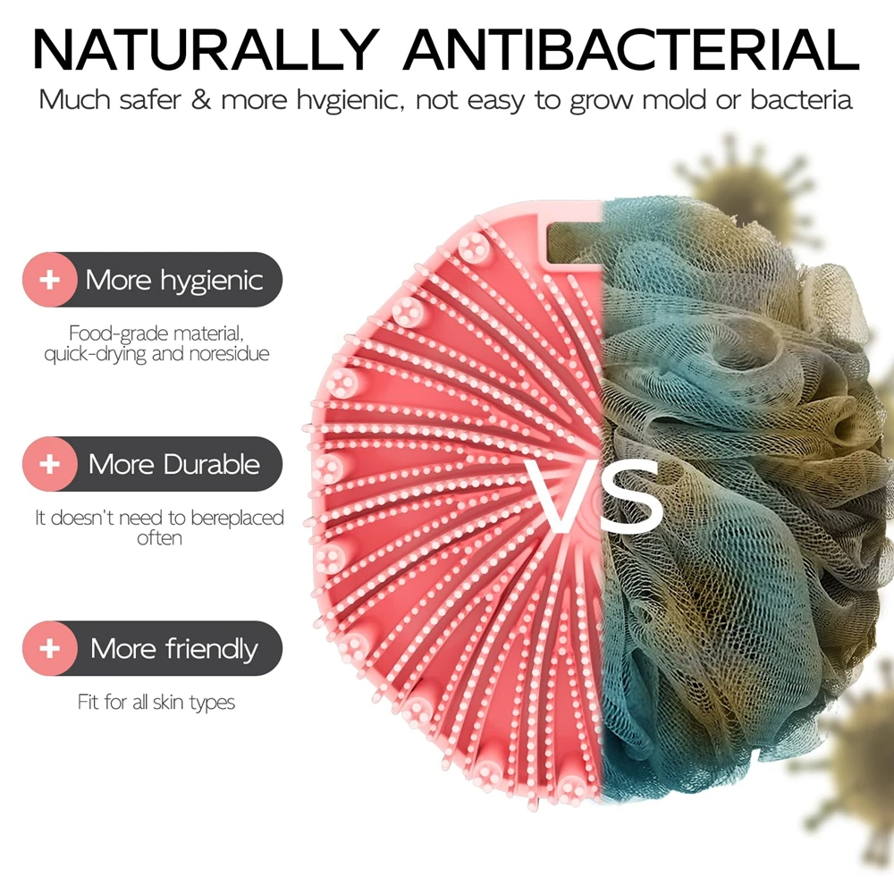 منظف الجسم من السيليكون مكون من 3 قطع من اللوف المضاد للبكتيريا، مقشر حمام للرجال والنساء أدوات استحمام باللون الأسود والوردي مع خطاف #4