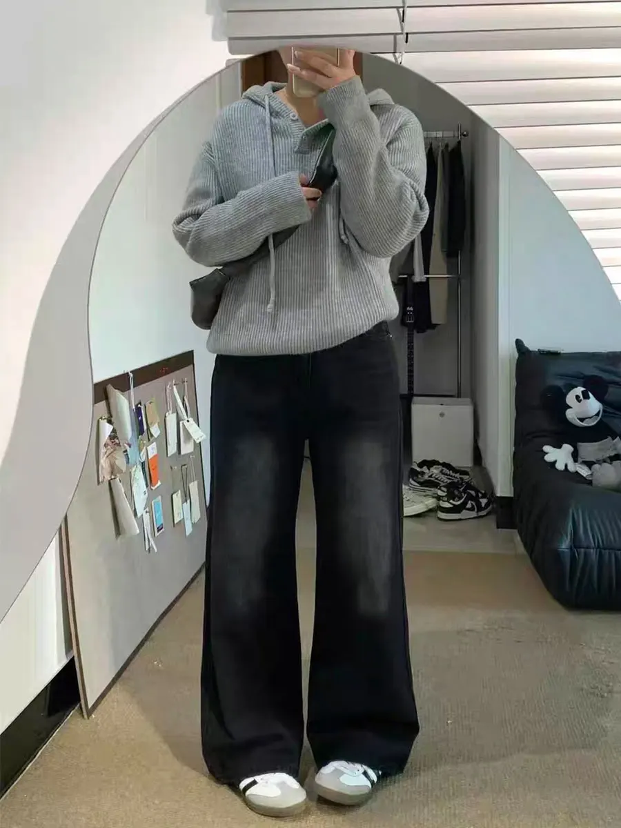 

Прямые джинсы больших размеров с высокой талией, женские весенне-осенние свободные повседневные широкие брюки длиной до пола