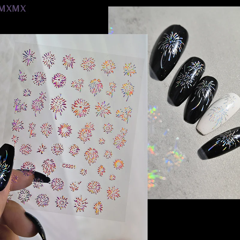 Autocollants de décoration pour ongles, stickers colorés, laser, feu d'artifice, romantique, floraison, décalcomanies, Nail Art, nouvel an, 2025