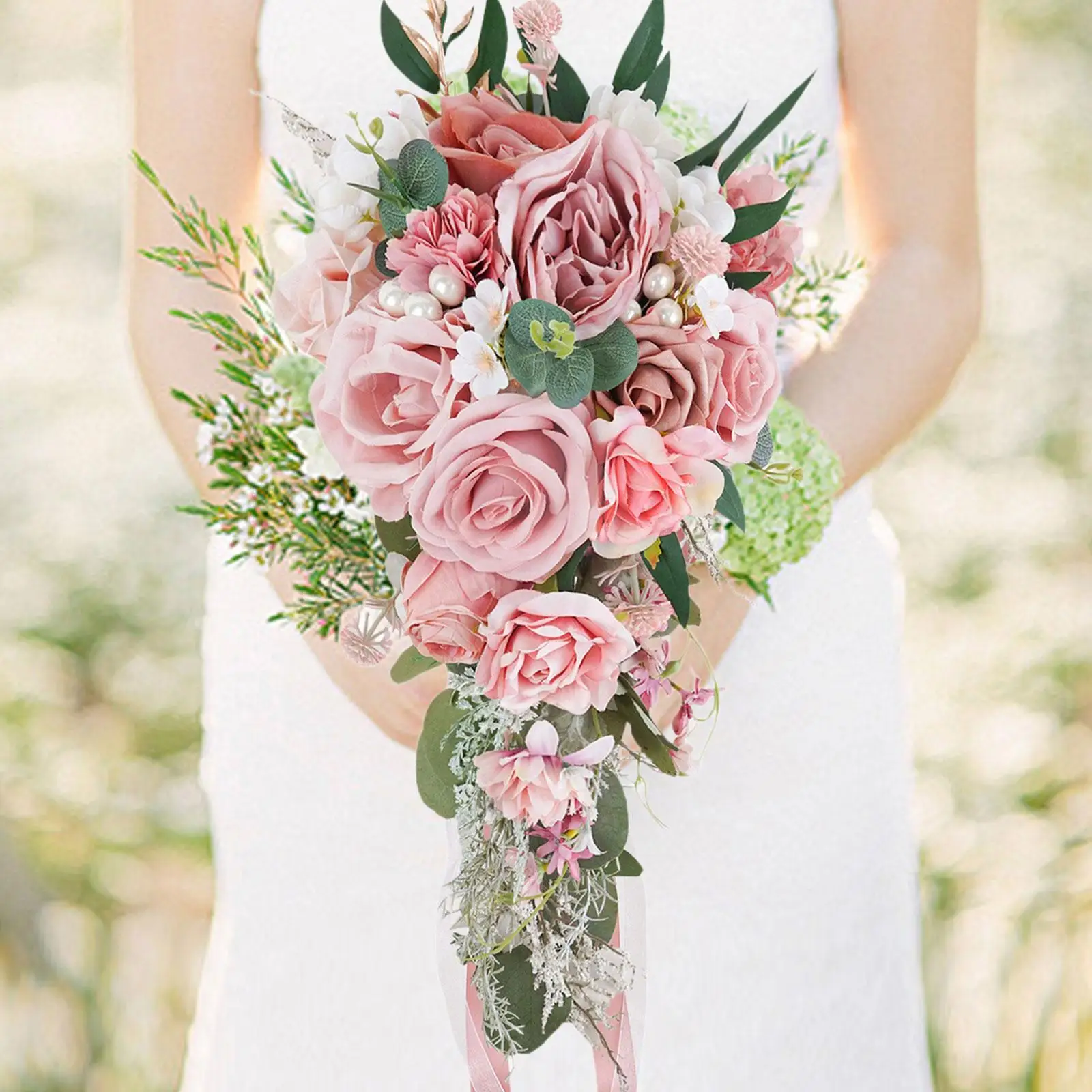 

Waterfall Wedding Flowers Bouquet Artificial Rose Flowers Silk Teardrop Rose Bouquet for Home Ceremony Bridal Party Decorations