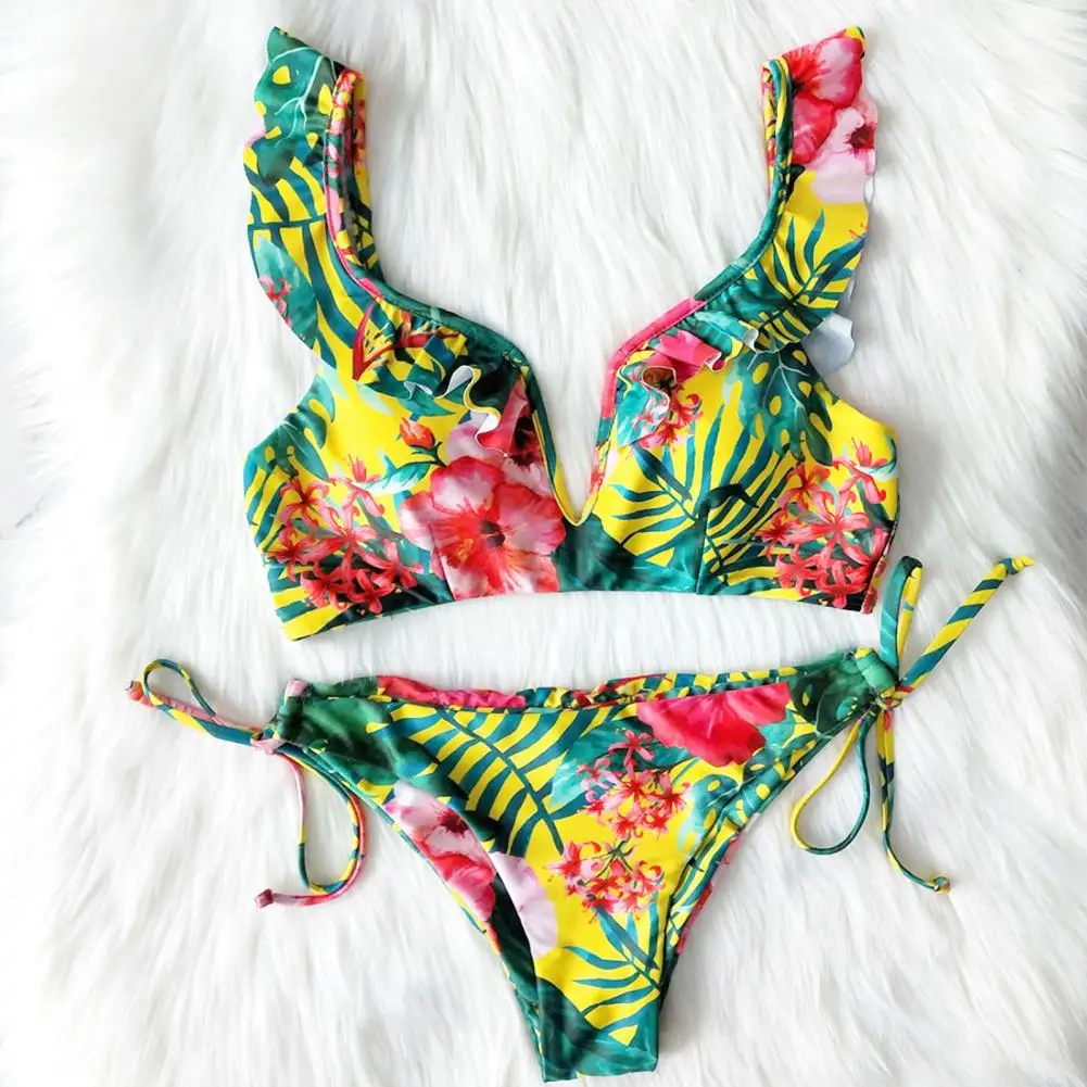 

2 Pcs/Set Summer Bikini Set Ruffle Three-point Colorful Flower Print V Neck Women Bathing Suit Beachwear Clothes