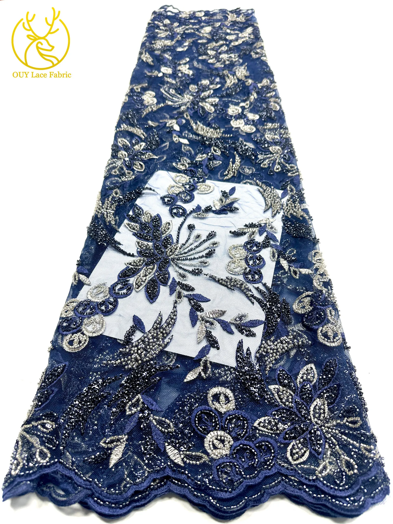 Premium-Spitzenstoff für Brautkleider Hochwertiger Afrikanischer Pailletten-Perlen-Spitzenstoff Französisch-Nigerianischer Bestickter Spitzenstoff – Detail 15
