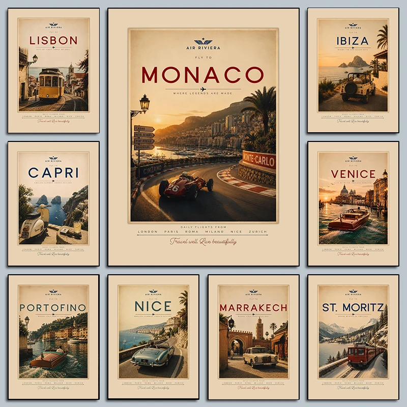 Vintage Airline Travel Poster Morocco Grand Prix Racing Portugal Swiss Modern Prints Canvas Painting Wall Art Picture Home Decor