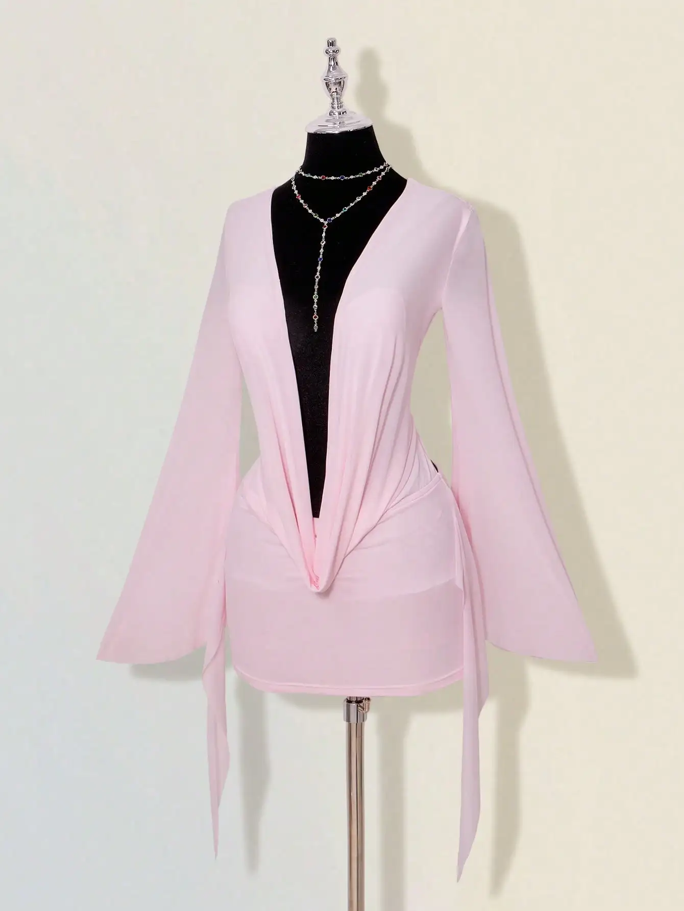 

Pink Long Sleeve Plunging V-Neck Wrap Mini Dress with Flared Sleeves