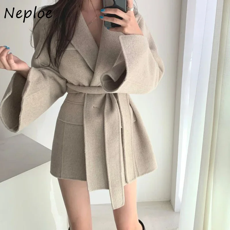 Neploe OL 2024 Autumn Winter Clothes Women V Neck Solid Color Long Sleeve Jaquetas Single Button Slim Waist Bandage Chaquetas