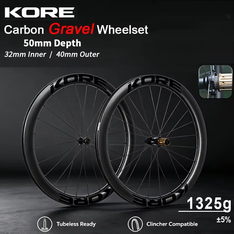 32mm インナー 50mm デプス グラベル カーボン ホイールセット KORE 700C ディスク ブレーキ ホイール 60T ラチェット ハブ 45C-55C タイヤ 1325g 軽量