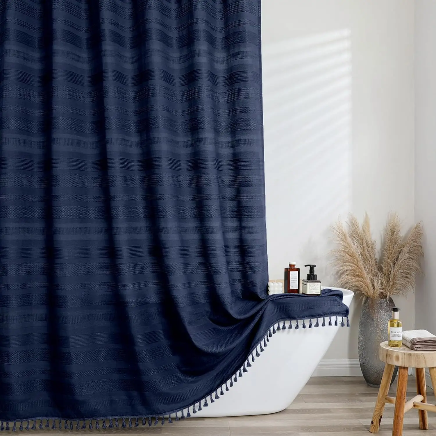 

Extra Long Navy Blue Shower Curtain 96 Inch, Boho Linen Textured Soft Fabric with Tassel, Farmhouse Bath Decor, 72Wx96L