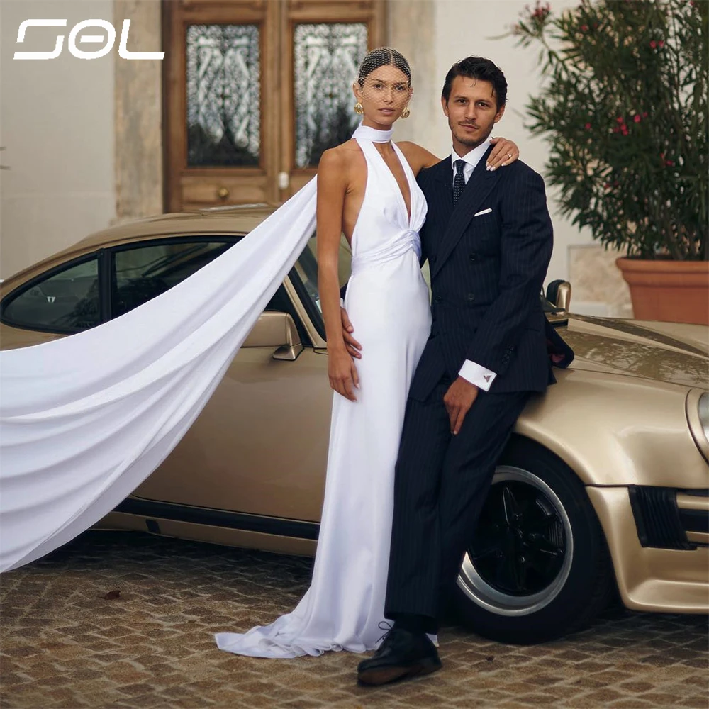 SOL Simple Halter Deep V Neck Spaghetti Straps Satin Wedding Dresses Elegant Backless Mermaid Bridal Gowns Vestidos De Novia