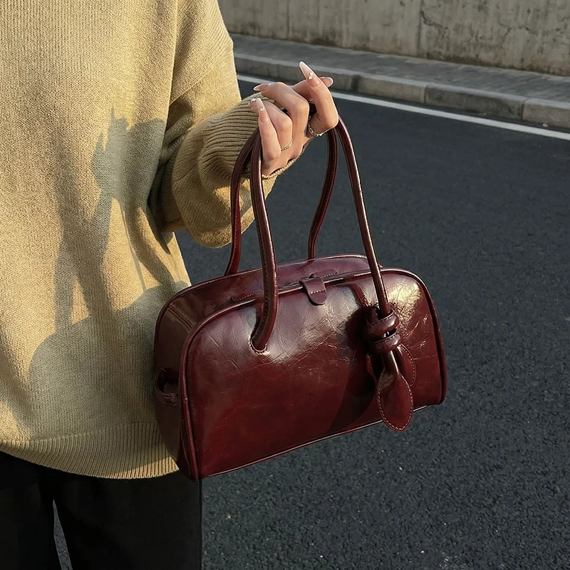 Women's Glossy Leather Handbags and Purses Bowknot Decor Double Handle Casual Daily Elegant Shoulder Bag 2026 Simple Tote Bag