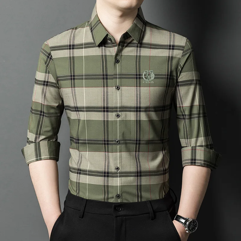 Checkered shirt men's long sleeved shirt combed cotton easy to maintain middle-aged business casual inch shirt