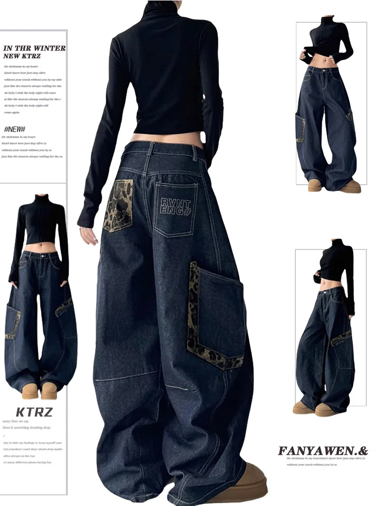 

Loose High Waist Wide Leg Casual Jeans Women's Spring Autumn Winter Large Pockets Knife Workwear Denim Pants for plus Size