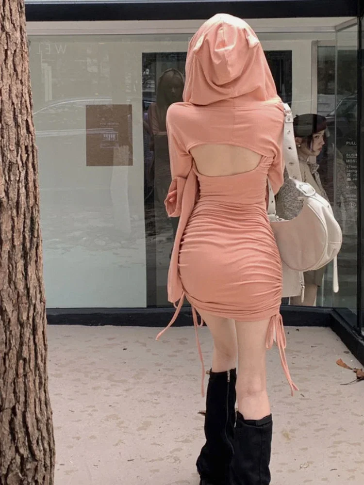 Solid Fashion Y2k Long Sleeve Hooded Cropped Top + Women Slim Waist Tunic Drawstring Pleated Dress Trendy Casual Two Pieces Set