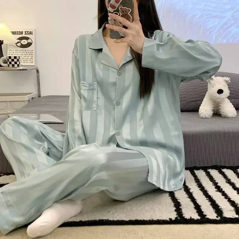 Women's Piece Pants Nightwear Outfit Loungewear Sleeve Home Two Pajamas Blouses Stripe 2023 Pyjamas Long Set