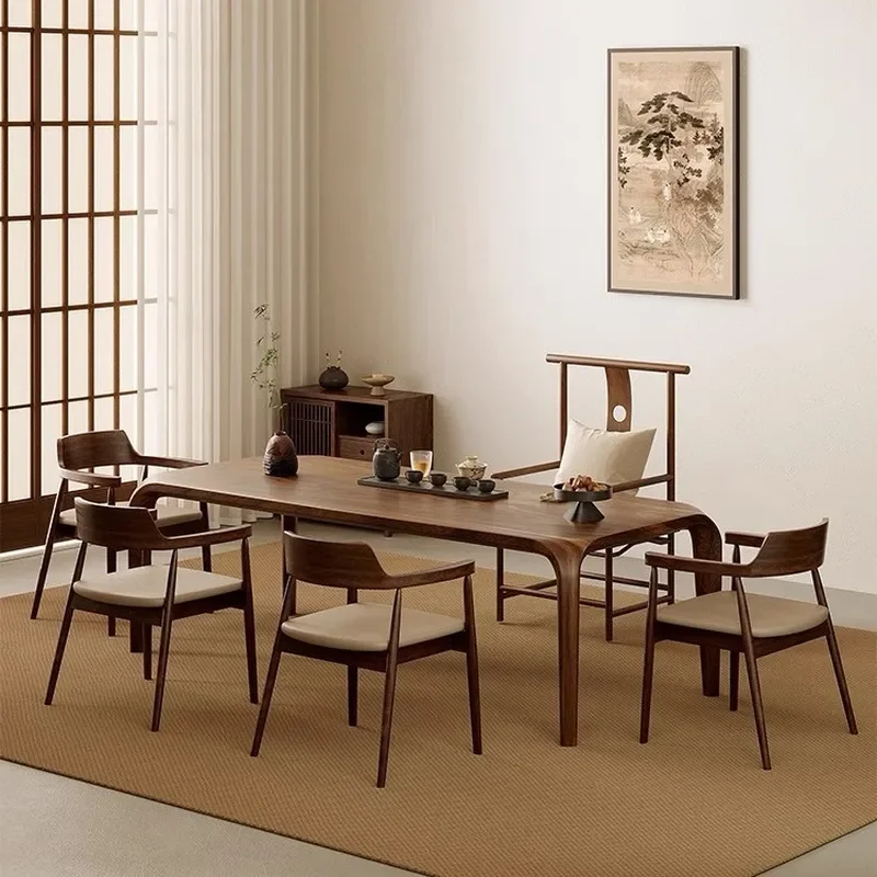 New High End Chinese Walnut Tea Table Set with Chairs Large Office Reception Tea Room Furniture Factory Direct Sales