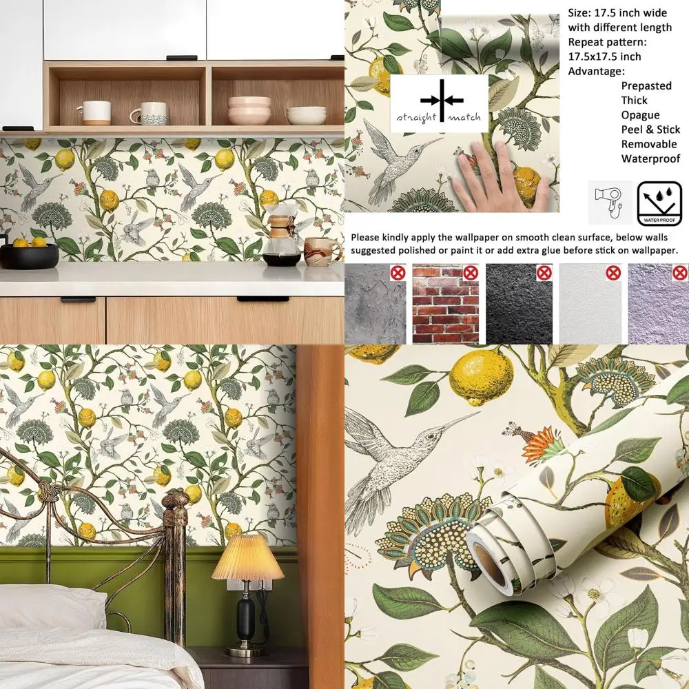 

Vintage Hummingbird & Lemon Tree Peel and Stick Wallpaper, 17.5x591, Gold and Green, Waterproof for Kitchen Cabinets