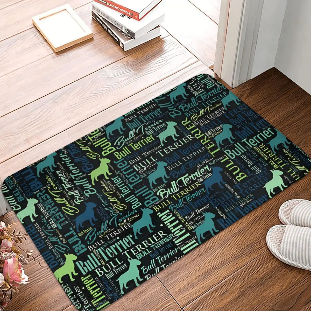 Bull Terrier Word Art Pattern Green Line Dog Doge Anti-Slip Rug Doormat Kitchen Mat Balcony Carpet Home Decor