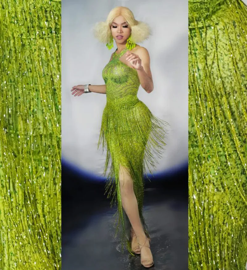 Sleeveless Green Rhinestones Fringe Long Split Dress Women Evening Prom Party Tassel Outfit Nightclub Stage Singer Dance Costume