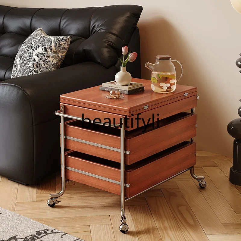 

07 Solid Wood Movable Extendable Coffee Table Cart Boxwood Living Room Folding Small Trolley with Wheels