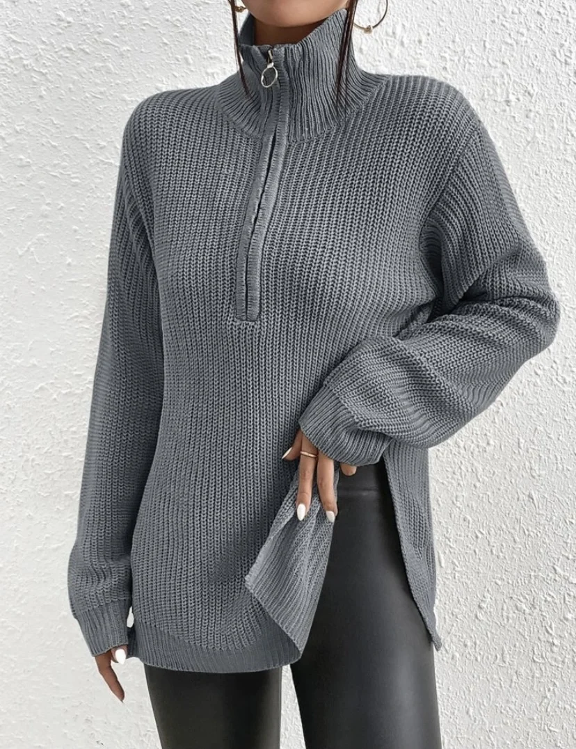 Autumn and winter women\'s clothing lazy style casual versatile thin knitted sweater pullover lapel zipper long slam top