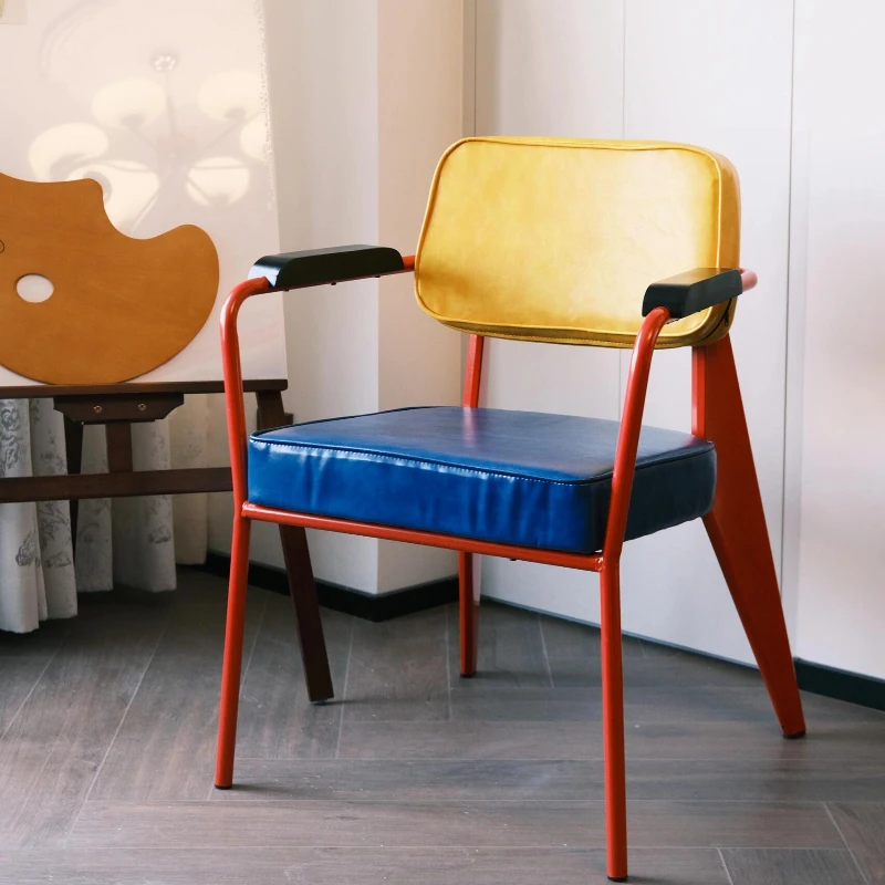 Memphis color dining chair stool Italian home backrest chair retro internet celebrity high-end designer leather cushion chair