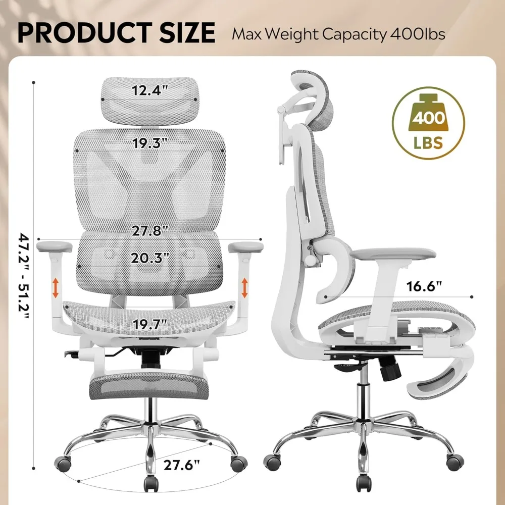 كرسي مكتب شبكي مريح مع مسند للقدمين، شديد التحمل، كرسي كمبيوتر منزلي مريح عالي الظهر مع قطني