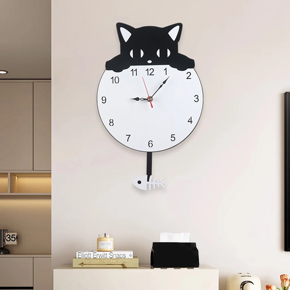Wall Clock 40*25cm Battery Operated Clock Adorable Kitten Design Clear Display Home Office Decor Office Decoration