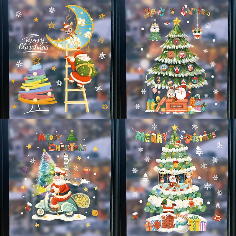 

New Christmas Window Stickers Cartoon Santa Claus Xmas Tree Shop Glass Stickers Xmas New Year Navidad Noel DIY Home Party Decor