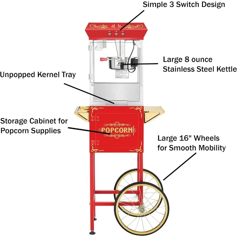 Una macchina per riso soffiato a ponte riscaldata Popcorn bollitore in acciaio inossidabile da 8 once 3 galloni macchina per Popcorn manuale floreale rossa