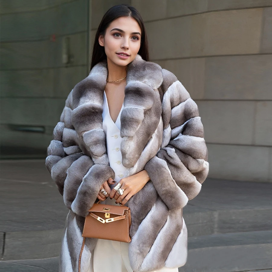 Latest Design Winter Fur Coat Women Jacket Real Rex Rabbit Fur Long Overcoat