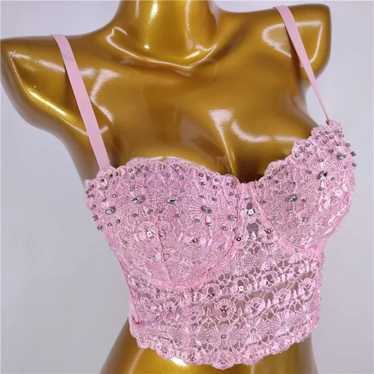 

Nightclub Sexy Beaded Light Tube Top Fishbone Shaping Outer Wear Bra Shower Bar Performance Push up Heavy Industry Sling Female