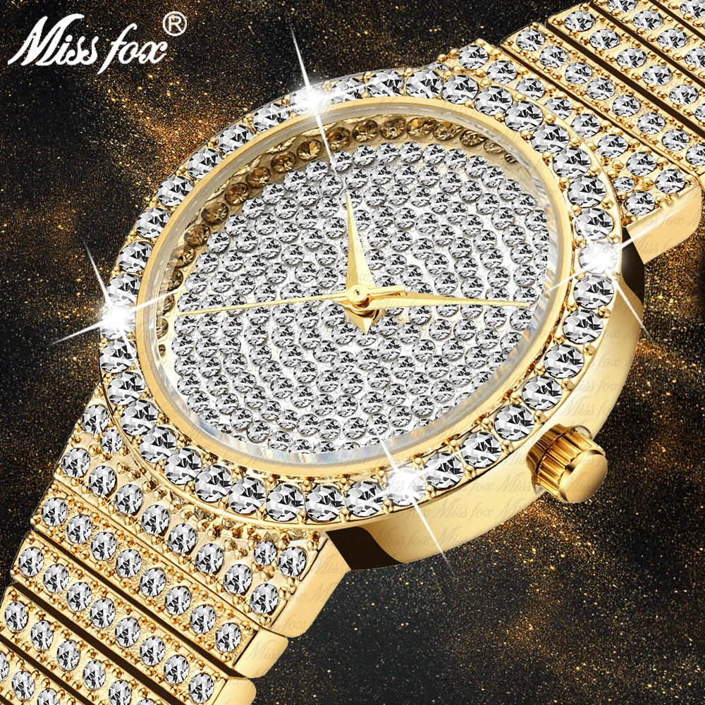 Missfox Gold Women Watches Luxury Iced Out Diamond Quartz Watch For Small Wrist Ladies 34mm Case Casual Stylish Wristwatches