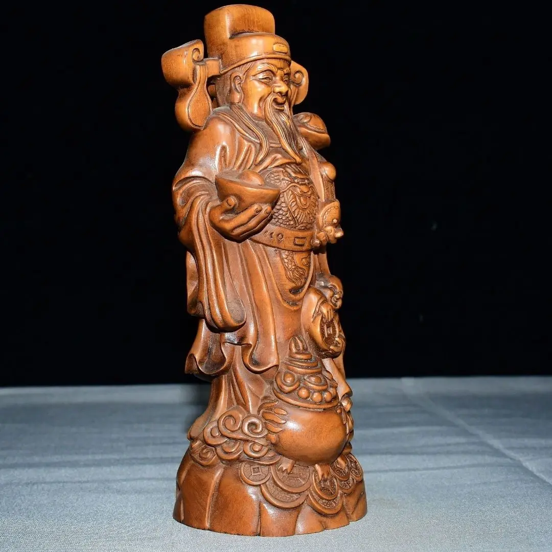 Hand Carved Wood God of Wealth Hold Ingot Statue Figurine Home Desktop Ornament Craft Gift