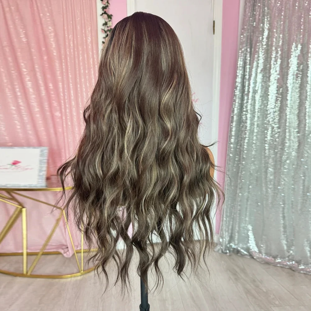 شعر مستعار بدانتيل أمامي سهل الاستخدام بطول 60.96 سم مع شريط مرن من الشعر البشري الاصطناعي المخلوط من الألياف الداكنة المموجة المقاومة للحرارة