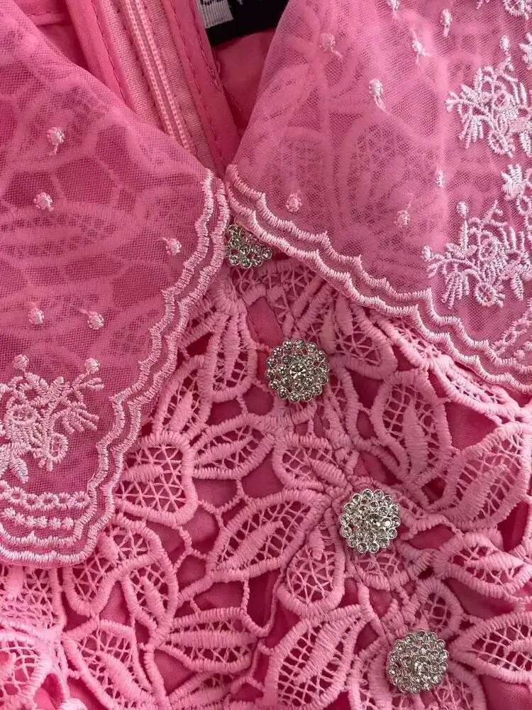 Runway Evening Party Prom Lace Dress Women Diamonds Button Elegant Short Sleeve Flower Embroidery Belt Long Robe Summer Sundress