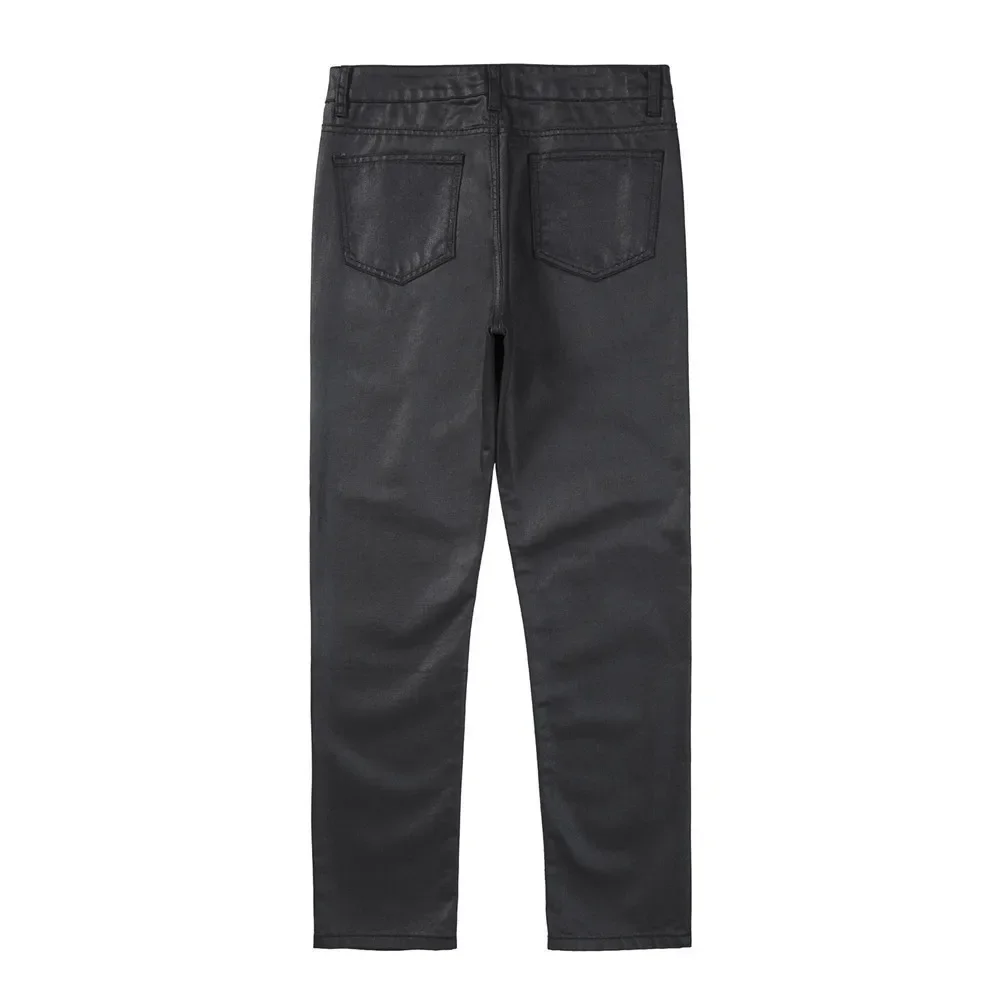 European and American Men's Solid Color Waxed Casual Trousers, Street Fashion, Slim-fit Straight-leg Pencil Skinny Pants.