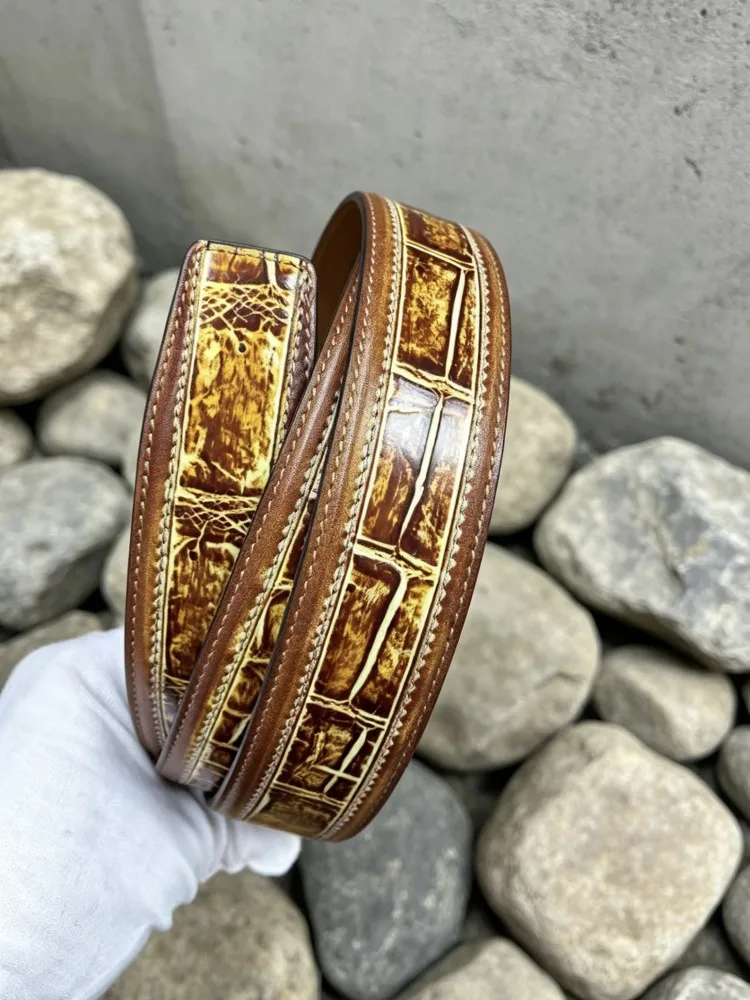Fashion Men Printed Crocodile Real Leather Belt Without Buckle Strap For Pants Business Work Casual Waistband Real Leather Belts
