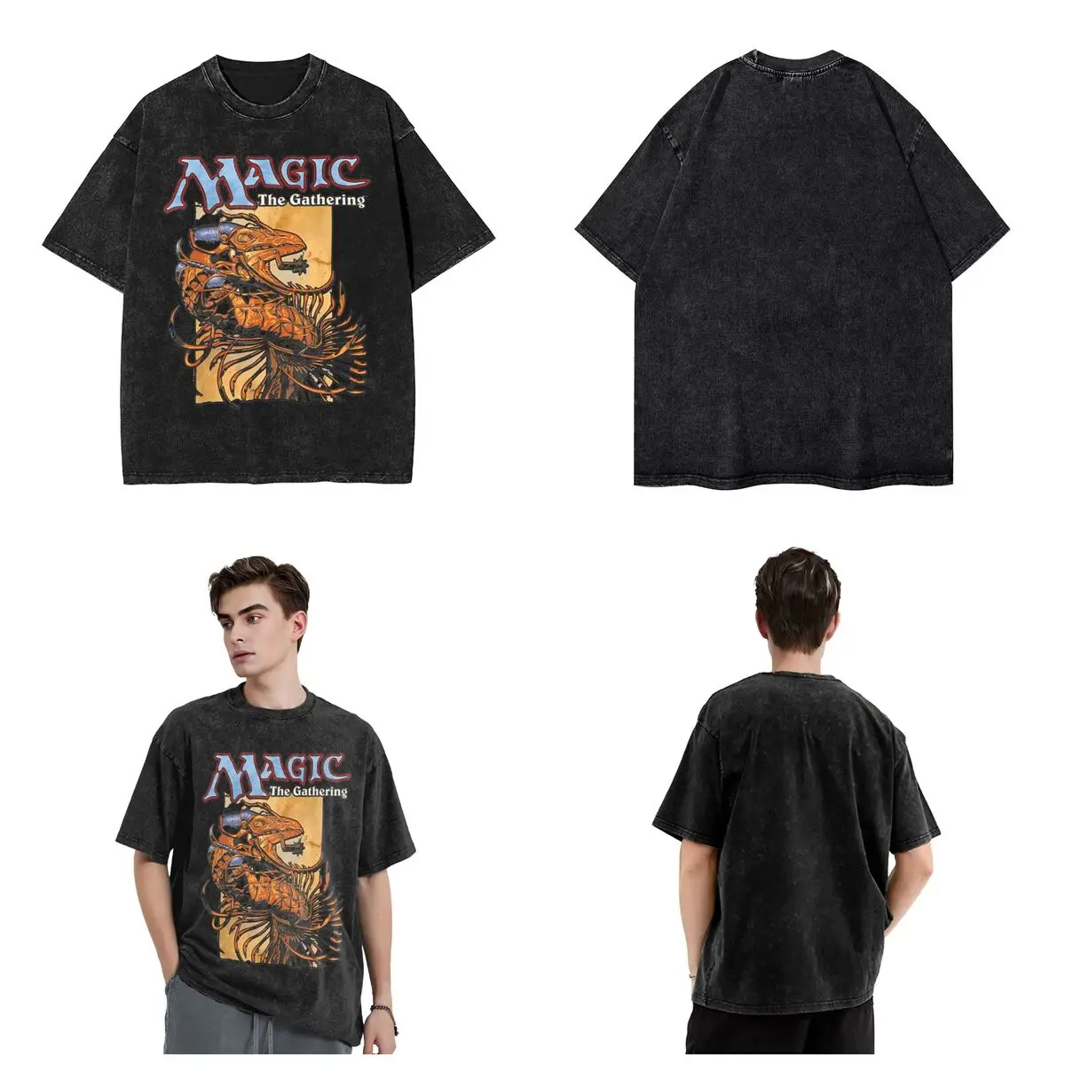 男性と女性のための色あせた半袖サマートップ,mtgヒップホップスタイルのTシャツ,特大のカード,ストリートウェア,魔法のゲーム,収集品