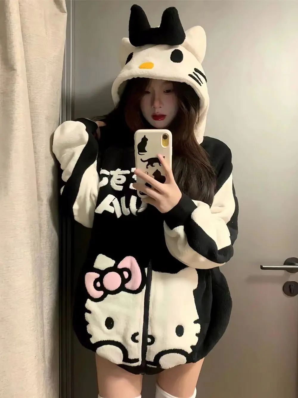 Sanrio-cárdigan Kawaii de Hello Kitty para mujer, engrosada Sudadera con capucha, sudadera Preppy de dibujos animados, ropa de otoño e invierno, Y2k, nuevo