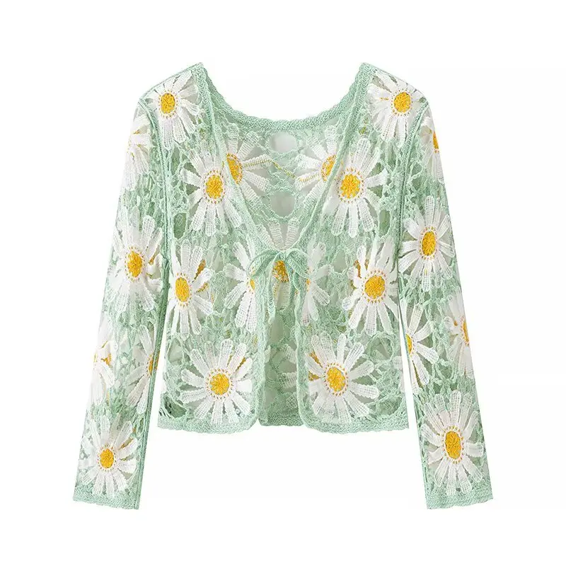 

Women Embroidery Floral Sweater Cardigans Summer Female O-neck Short Knitted Open Stitch Casual OL Lace Up Knitwear