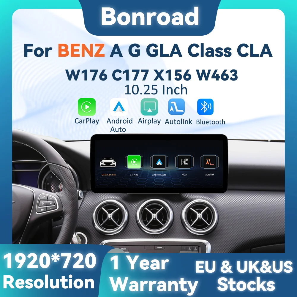 BONROAD 10.25 inch 1920*720 Car Multimedia Wireless CarPlay Android Auto GPS Radio Touch Screen For Mercedes Benz A Class GLA CLA W176 X156 C117 NTG 4.5 5.0 Airplay Autolink Mirroring Car Stereo Touch Screen