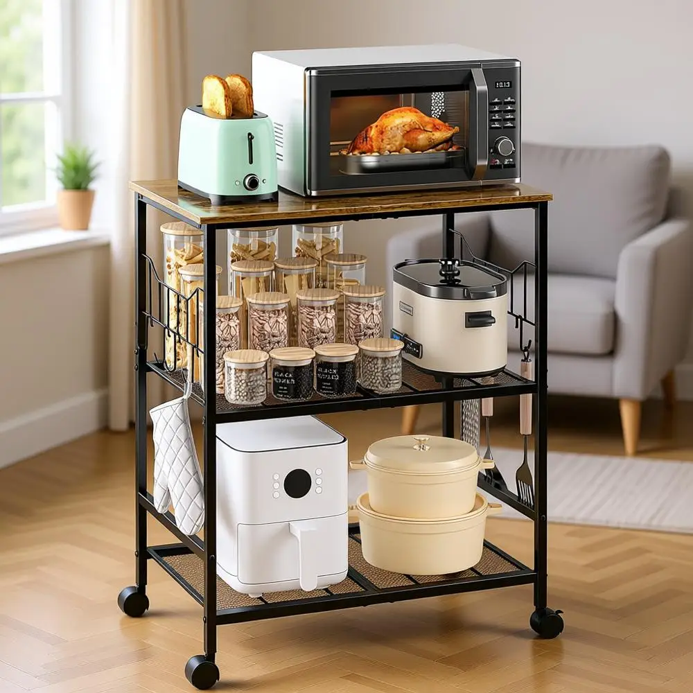

Adjustable 3-Tier Microwave Cart with Wheels for Kitchen, Living Room, and Office Use