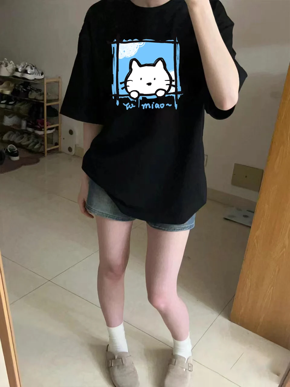 Climbing the window curious kitten t-shirt 2024 new Korean version trendy summer women's cute loose T-shirt