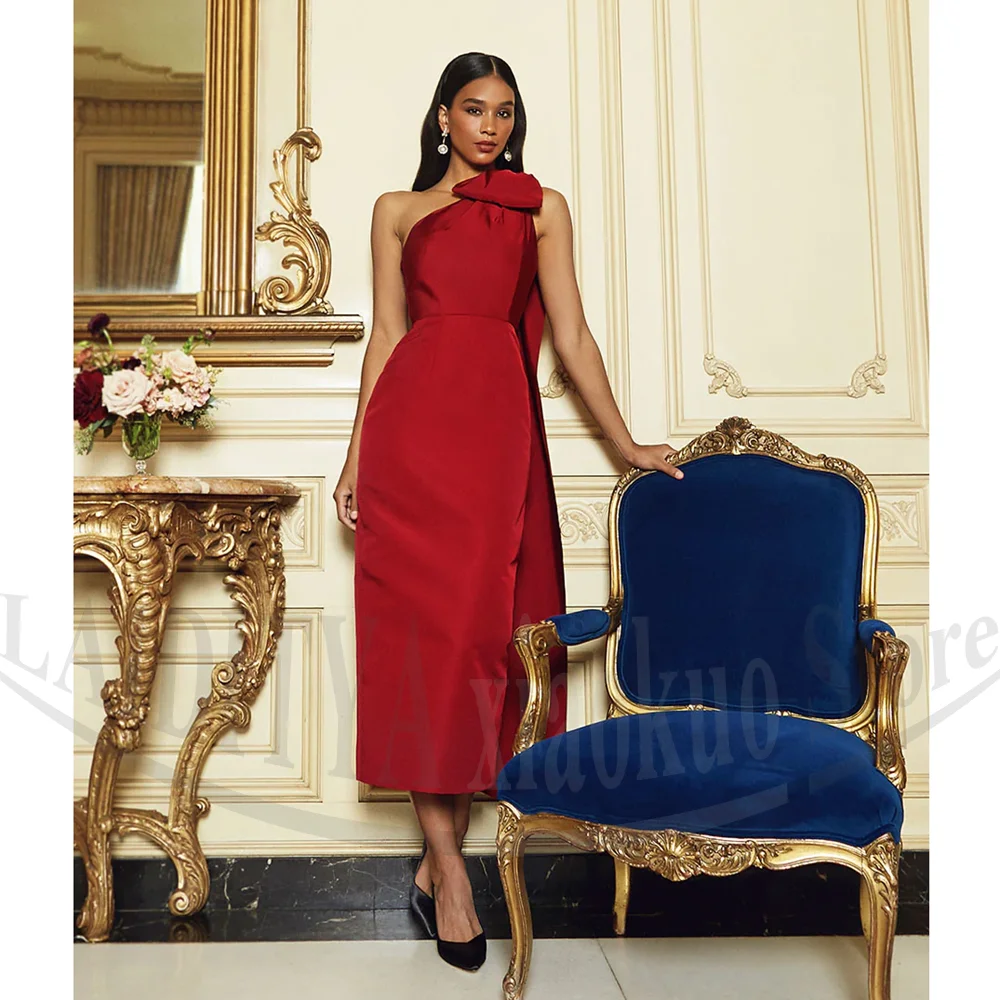 

Prom Dresses for Women Fashion Bow One-Shoulder Straight Party Gowns Chic Formal Occasion Customized Tea-Length Evening Dresses