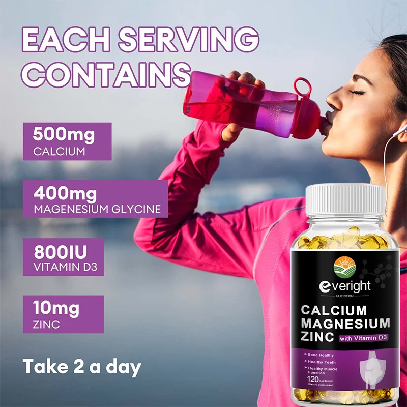 Natural Calcium Magnesium Zinc Supplement with Vitamin D3 - Gluten Free, Vegan, Non-GMO -  Essential Mineral Complex