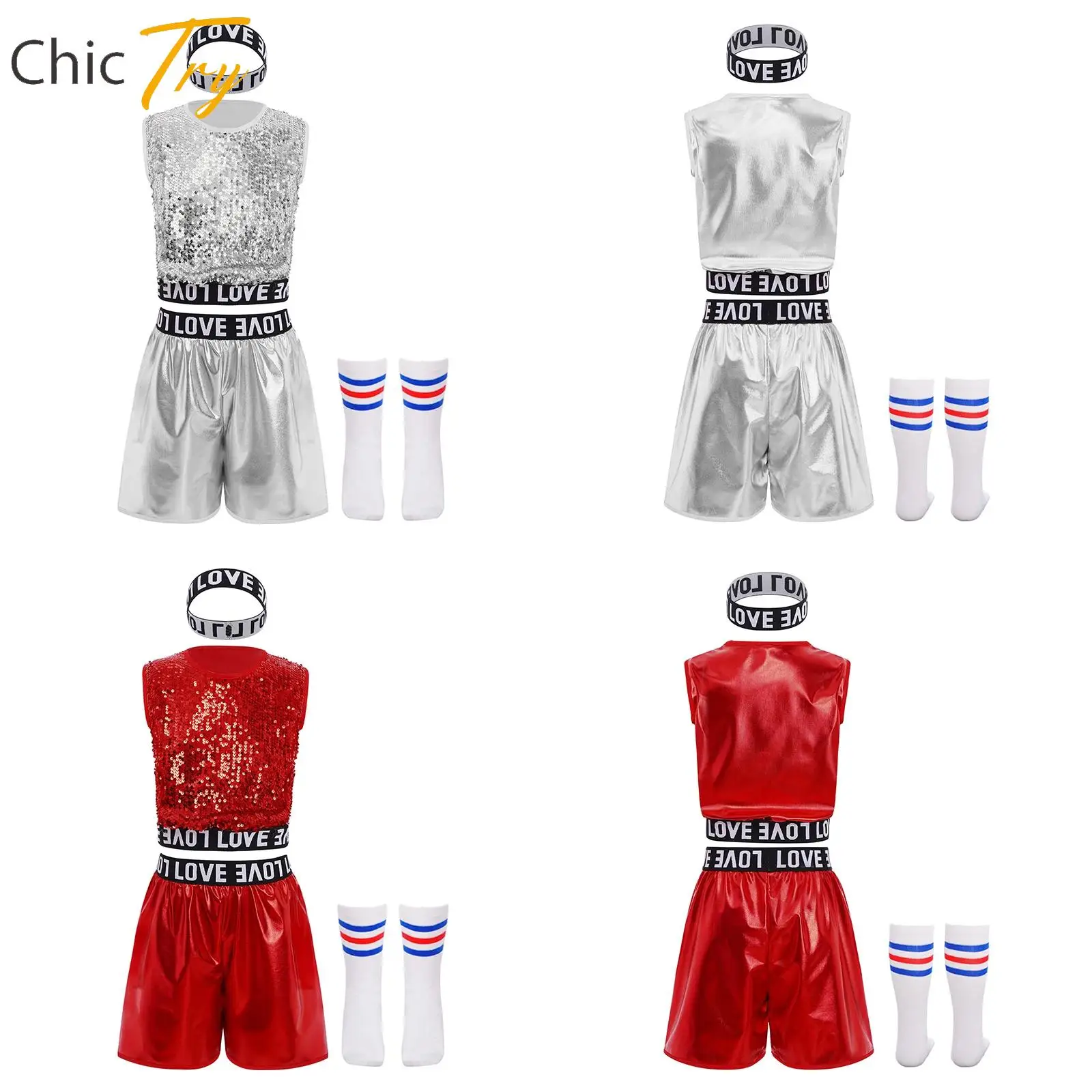 

Teen Boys Cheerleading Uniform Hip-Hop Jazz Dance Set Sleeveless Sequins Vest+Shorts Hairband+Striped Socks Dancewear Streetwear
