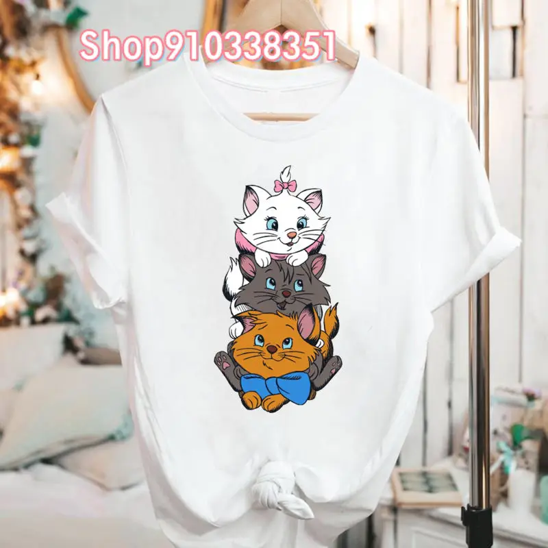 Japon Yaz Aristocats Marie Kedi Kawaii Elbise Beyaz Kısa Kollu Grafik T Shirt Tiki Tarzı Kadın Büyük Boy T Shirt