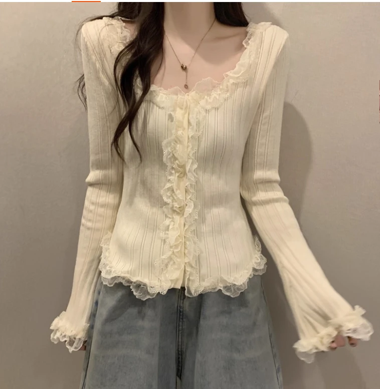 Coréen doux dentelle épissage volants à manches longues haut tricoté femmes automne hiver 2025 nouveau grande taille mince Lolita bas pull