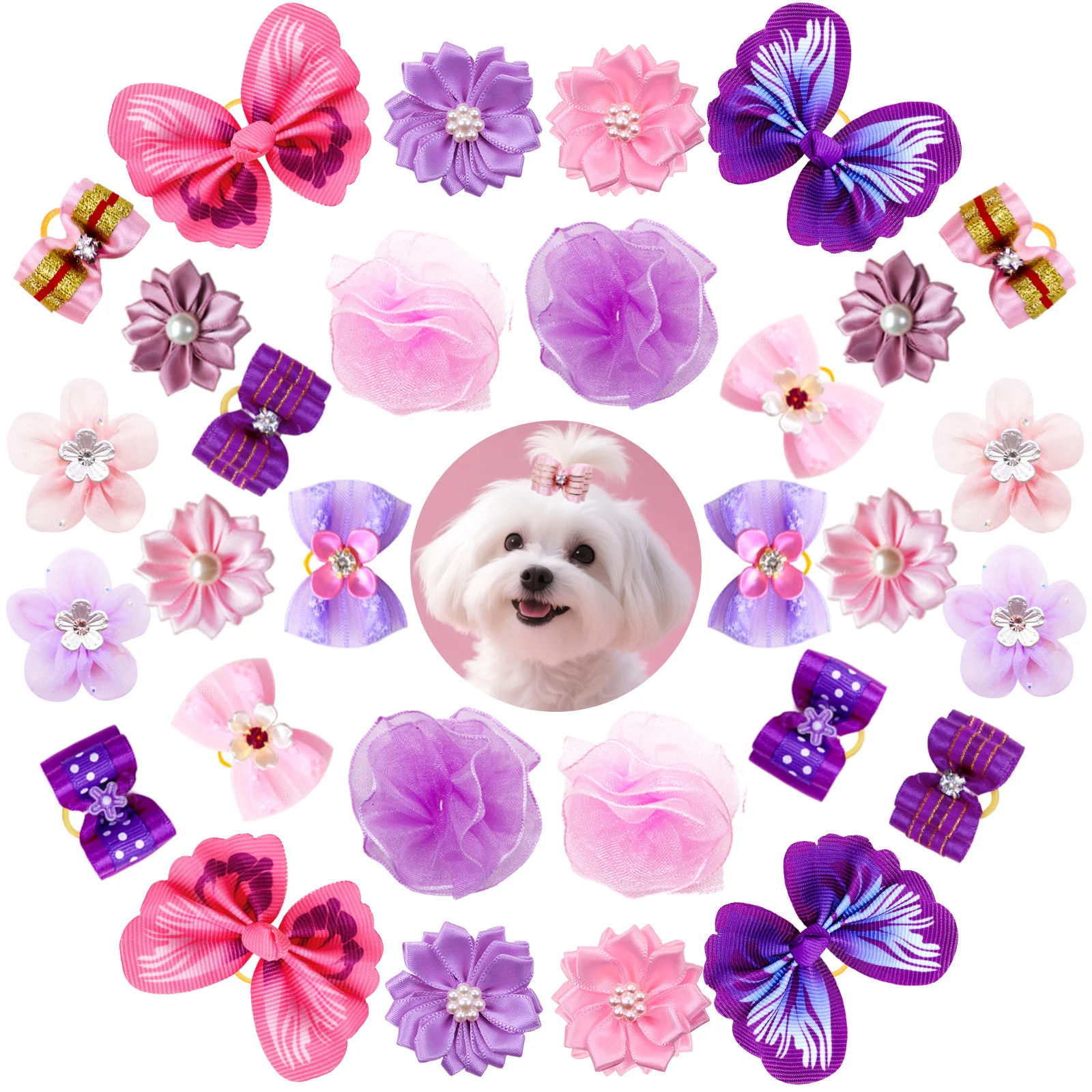 14PCS/Set Colorful Style Dog Bows With Rubber Bands Multi-style Dog Bowknots Hair Accessories For Small Dogs and Cats
