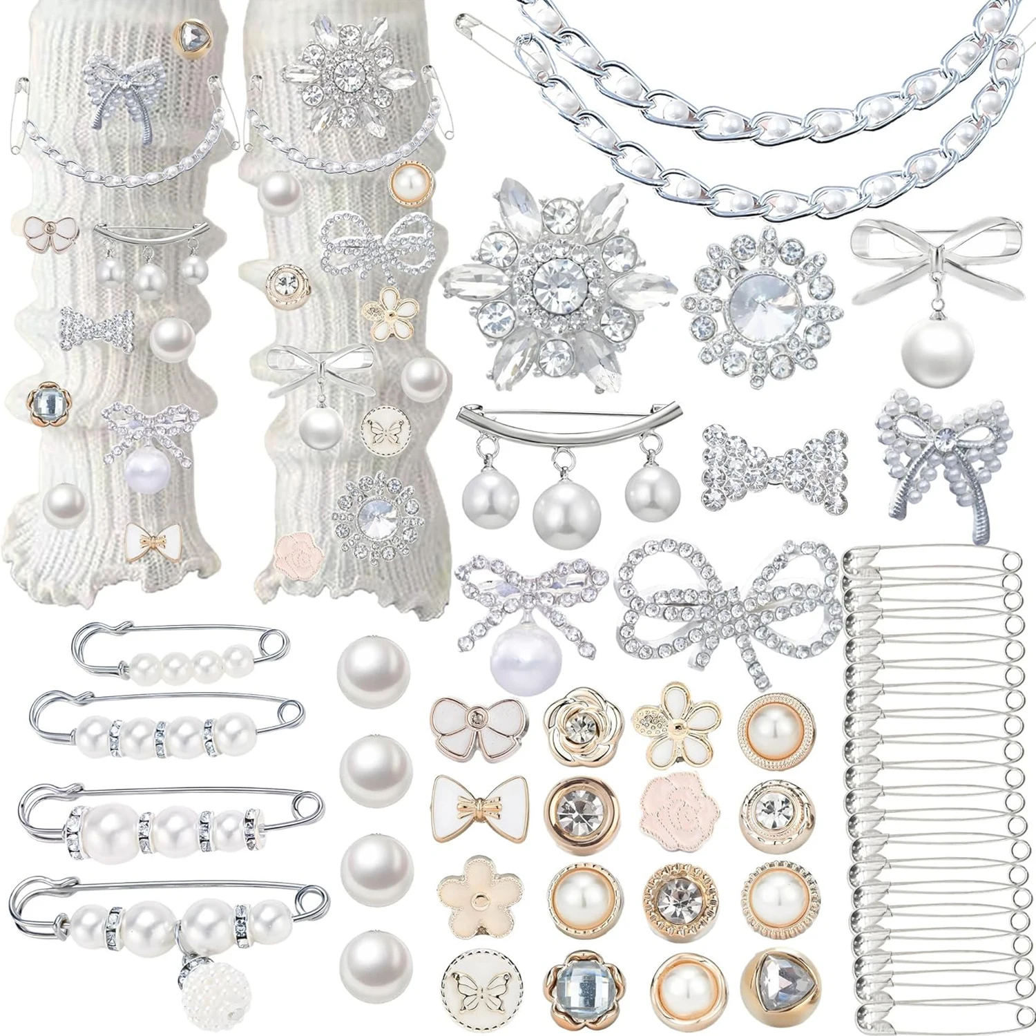 54-teiliges Schmuckset für Socken: Schuh-Charms, Broschen für Mädchen, Perlen-Strass-Sicherheitsnadeln für DIY-Socken-Individualisierung – Detail 6